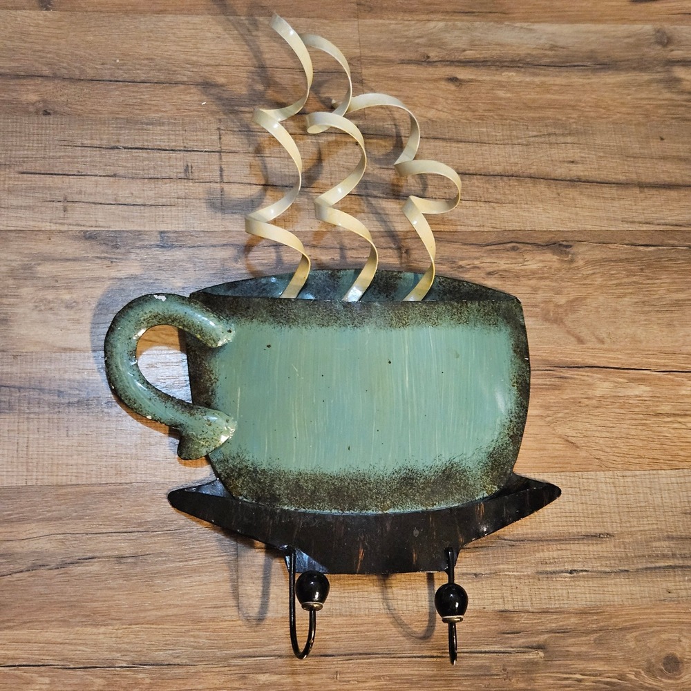 Coffee Cup Wall Decor w/ Hooks, Teal Green Mug Kitchen‎ Home Decoration